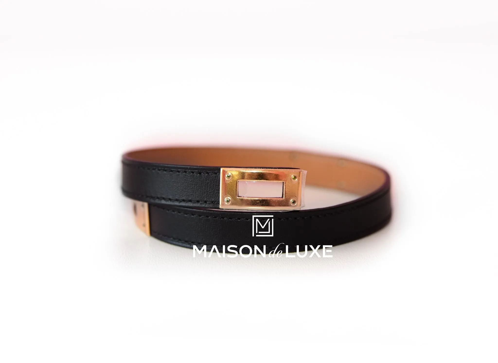 Hermes Black Leather Kelly Double Tour Bracelet S