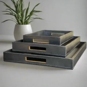 Jefe | Cedar Wood   Leather Rectangle Ottoman Tray Set