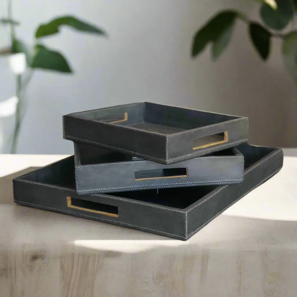 Jefe | Cedar Wood   Leather Rectangle Ottoman Tray Set