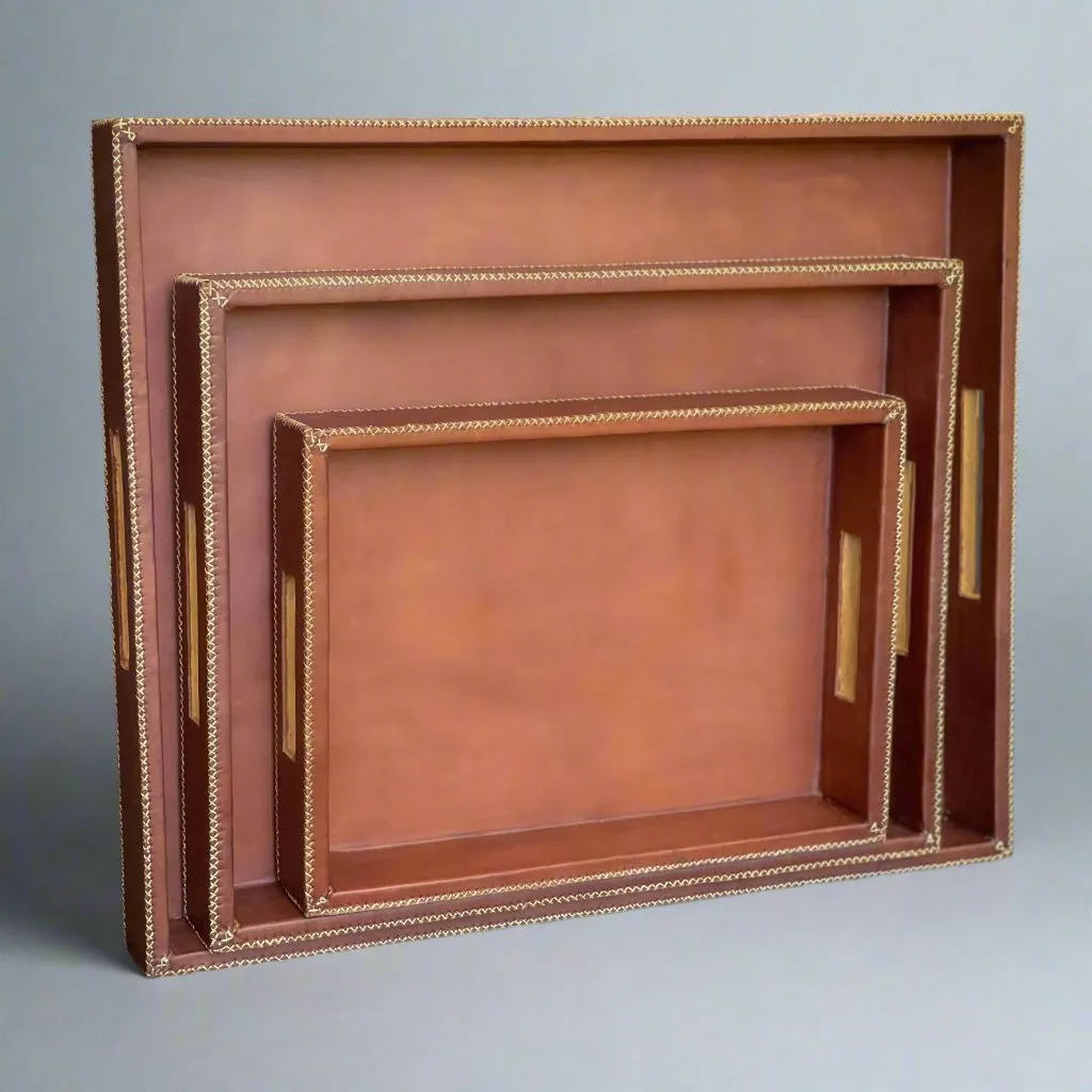 Jefe | Cedar Wood   Leather Rectangle Ottoman Tray Set