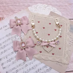 Kawaii Pearl Bow Rhinestone Love Pendant Bag Charm 🎀 | Handmade Japanese Sweet Accessories for Girls 💖✨