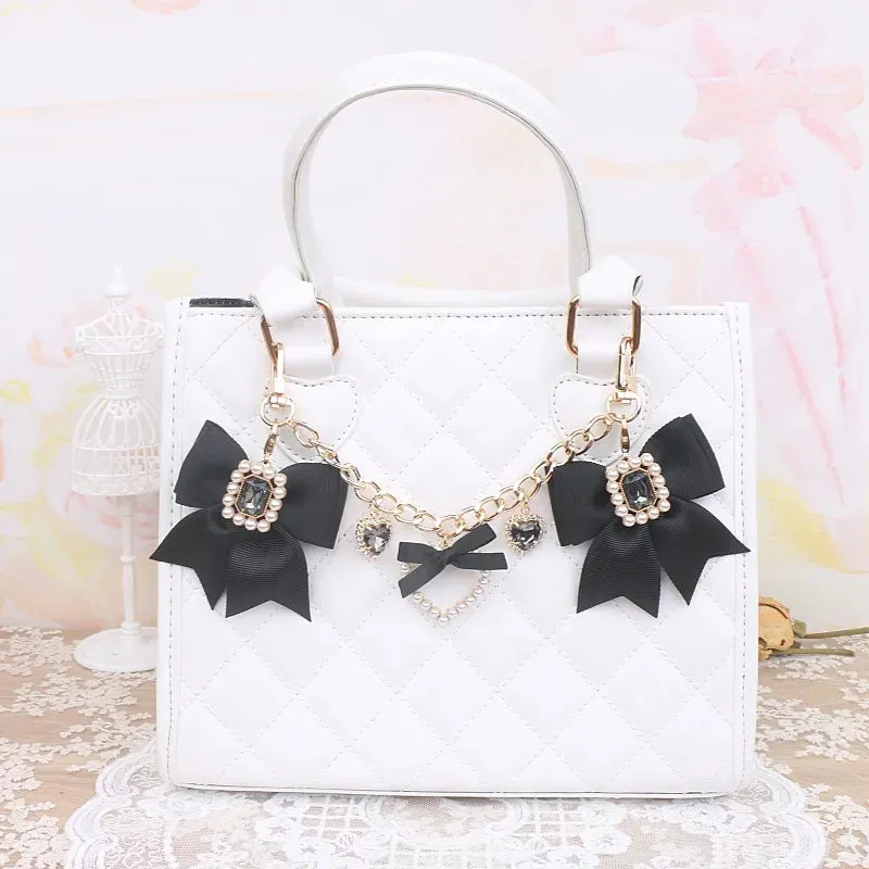Kawaii Pearl Bow Rhinestone Love Pendant Bag Charm 🎀 | Handmade Japanese Sweet Accessories for Girls 💖✨