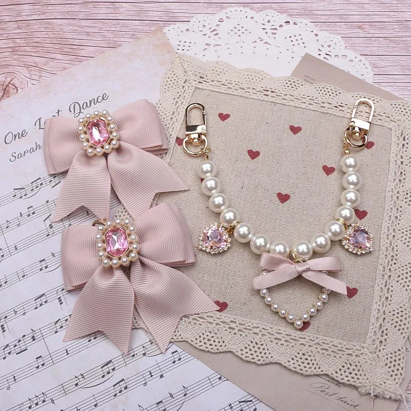 Kawaii Pearl Bow Rhinestone Love Pendant Bag Charm 🎀 | Handmade Japanese Sweet Accessories for Girls 💖✨