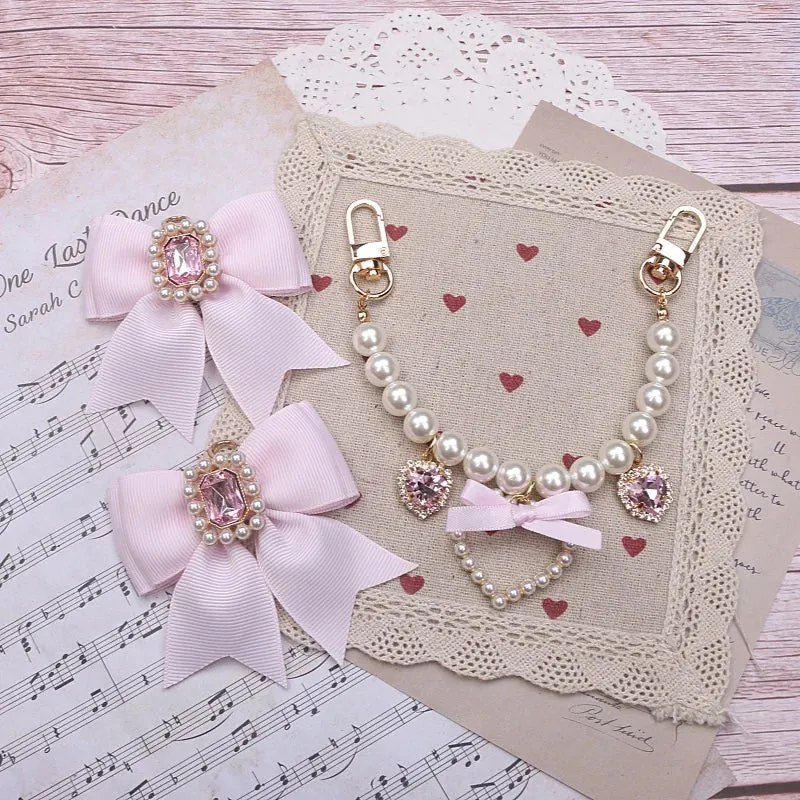 Kawaii Pearl Bow Rhinestone Love Pendant Bag Charm 🎀 | Handmade Japanese Sweet Accessories for Girls 💖✨
