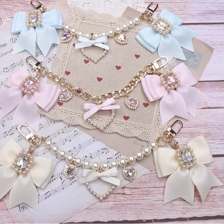 Kawaii Pearl Bow Rhinestone Love Pendant Bag Charm 🎀 | Handmade Japanese Sweet Accessories for Girls 💖✨