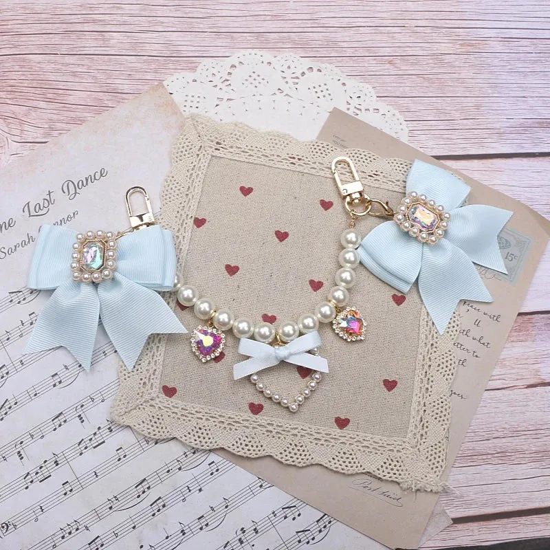 Kawaii Pearl Bow Rhinestone Love Pendant Bag Charm 🎀 | Handmade Japanese Sweet Accessories for Girls 💖✨
