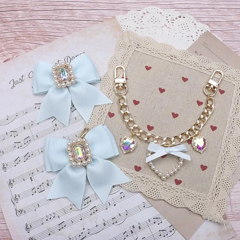 Kawaii Pearl Bow Rhinestone Love Pendant Bag Charm 🎀 | Handmade Japanese Sweet Accessories for Girls 💖✨