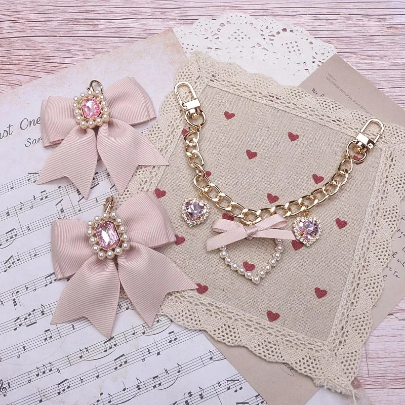 Kawaii Pearl Bow Rhinestone Love Pendant Bag Charm 🎀 | Handmade Japanese Sweet Accessories for Girls 💖✨
