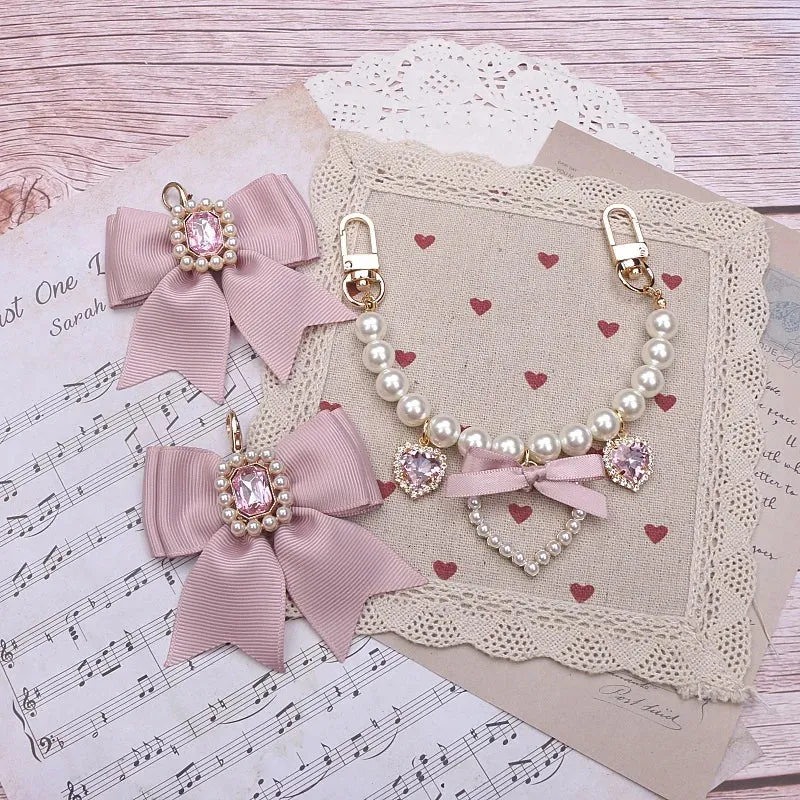 Kawaii Pearl Bow Rhinestone Love Pendant Bag Charm 🎀 | Handmade Japanese Sweet Accessories for Girls 💖✨
