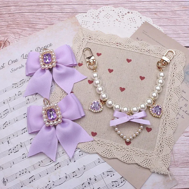 Kawaii Pearl Bow Rhinestone Love Pendant Bag Charm 🎀 | Handmade Japanese Sweet Accessories for Girls 💖✨