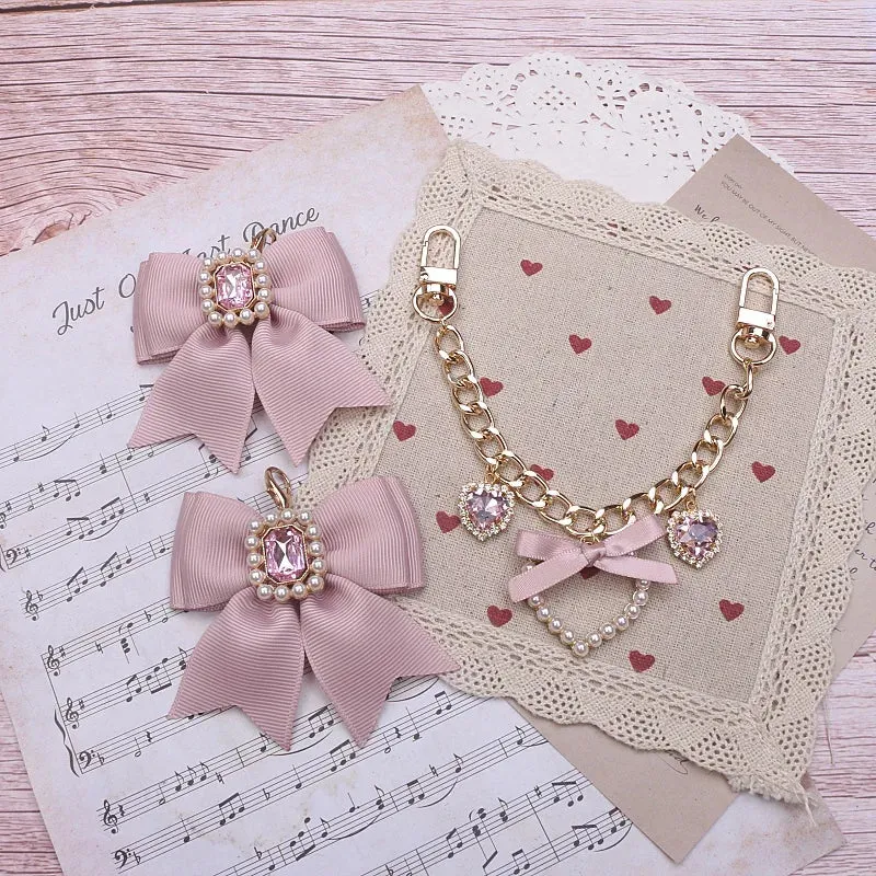 Kawaii Pearl Bow Rhinestone Love Pendant Bag Charm 🎀 | Handmade Japanese Sweet Accessories for Girls 💖✨