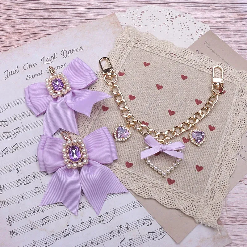 Kawaii Pearl Bow Rhinestone Love Pendant Bag Charm 🎀 | Handmade Japanese Sweet Accessories for Girls 💖✨