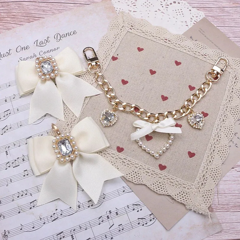 Kawaii Pearl Bow Rhinestone Love Pendant Bag Charm 🎀 | Handmade Japanese Sweet Accessories for Girls 💖✨