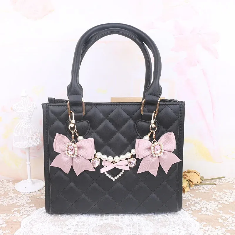 Kawaii Pearl Bow Rhinestone Love Pendant Bag Charm 🎀 | Handmade Japanese Sweet Accessories for Girls 💖✨