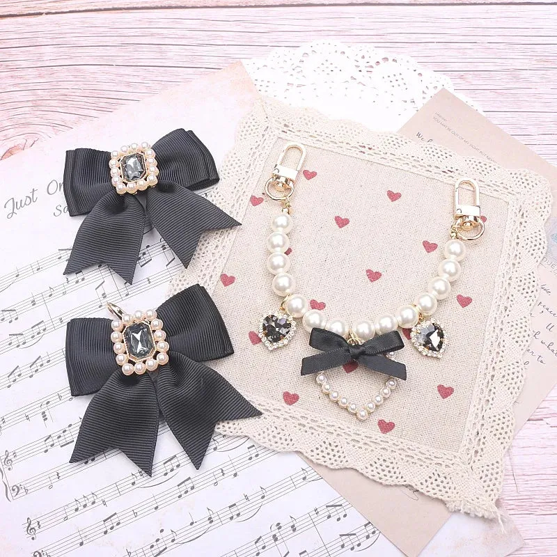 Kawaii Pearl Bow Rhinestone Love Pendant Bag Charm 🎀 | Handmade Japanese Sweet Accessories for Girls 💖✨