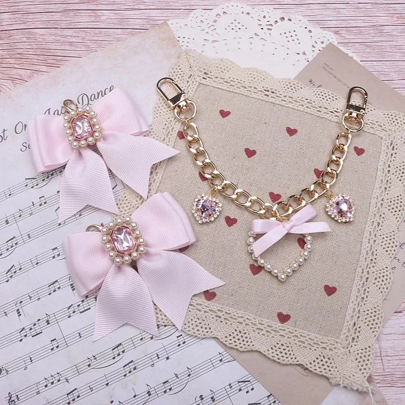 Kawaii Pearl Bow Rhinestone Love Pendant Bag Charm 🎀 | Handmade Japanese Sweet Accessories for Girls 💖✨