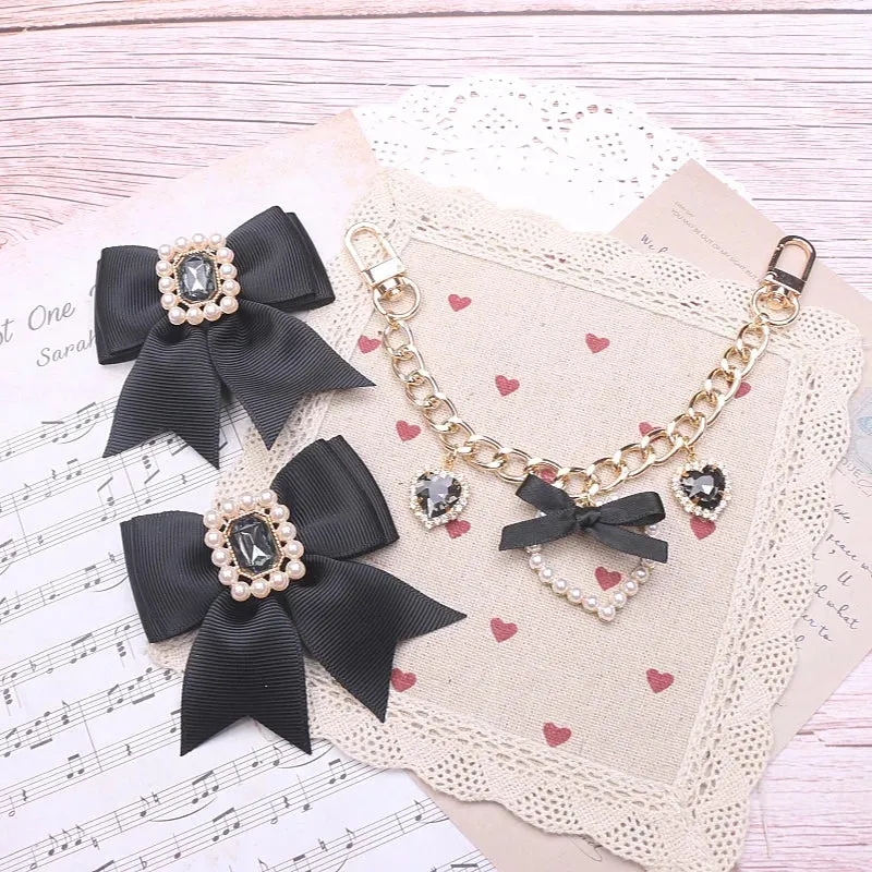 Kawaii Pearl Bow Rhinestone Love Pendant Bag Charm 🎀 | Handmade Japanese Sweet Accessories for Girls 💖✨