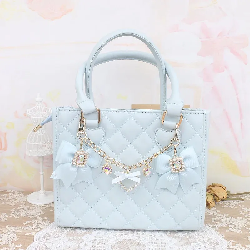 Kawaii Pearl Bow Rhinestone Love Pendant Bag Charm 🎀 | Handmade Japanese Sweet Accessories for Girls 💖✨