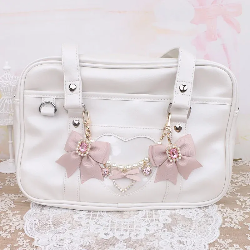 Kawaii Pearl Bow Rhinestone Love Pendant Bag Charm 🎀 | Handmade Japanese Sweet Accessories for Girls 💖✨