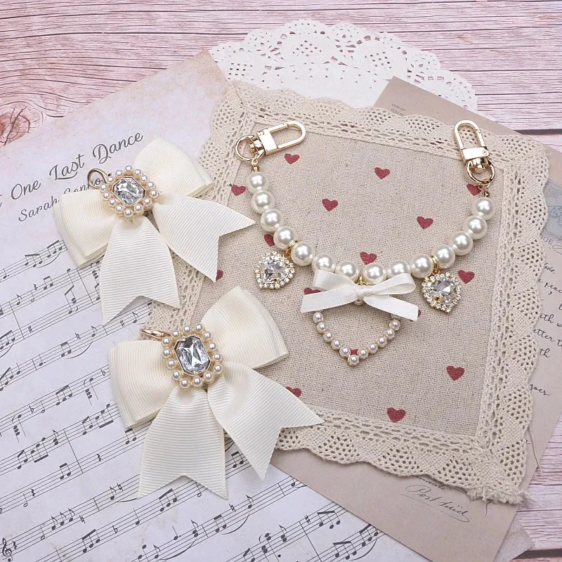 Kawaii Pearl Bow Rhinestone Love Pendant Bag Charm 🎀 | Handmade Japanese Sweet Accessories for Girls 💖✨