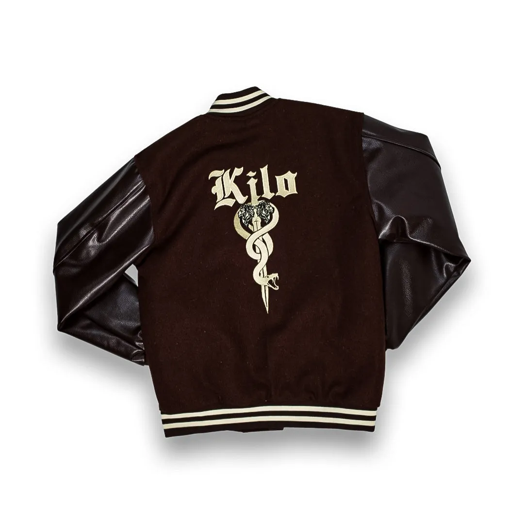 Kilo Varsity Jacket Genuine Leather Sleeves(Chocolate Brown)