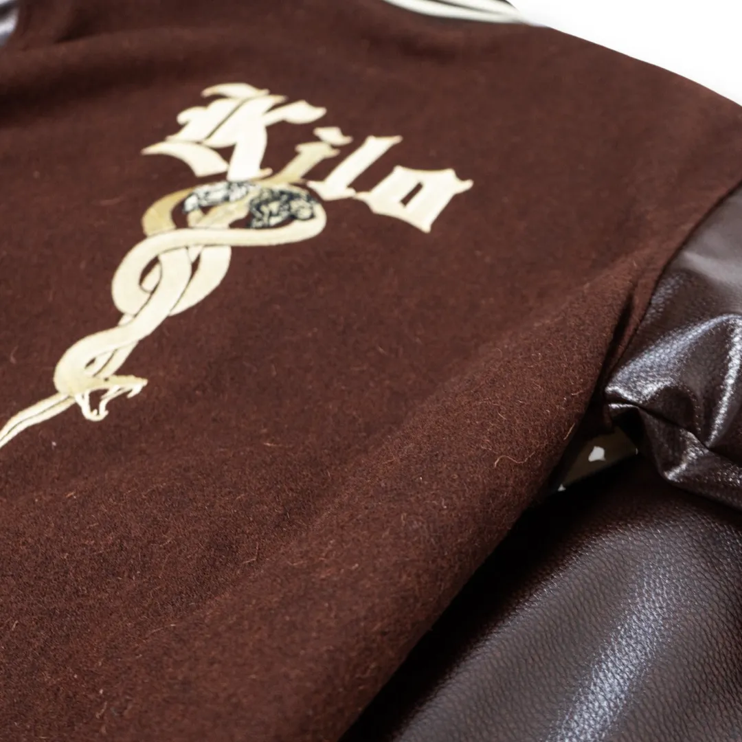 Kilo Varsity Jacket Genuine Leather Sleeves(Chocolate Brown)