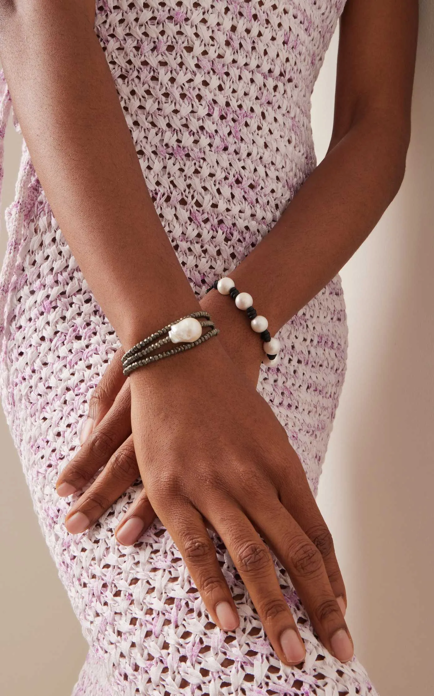 Knotted Pearl and Leather Snake Bracelet