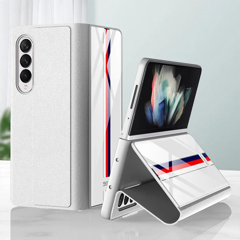 Leather Tempered Glass Case For Samsung Galaxy Z Fold 3 5G Cover Luxury Holster Anti-knock Hard For Samsung Z Fold3 5G Case