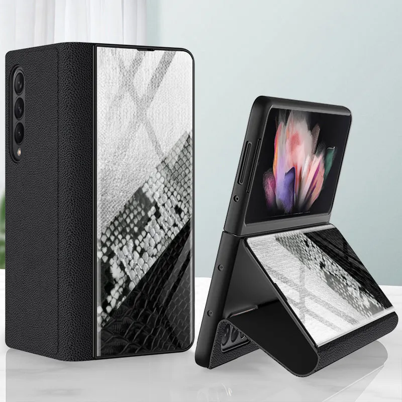 Leather Tempered Glass Case For Samsung Galaxy Z Fold 3 5G Cover Luxury Holster Anti-knock Hard For Samsung Z Fold3 5G Case