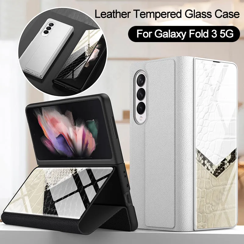 Leather Tempered Glass Case For Samsung Galaxy Z Fold 3 5G Cover Luxury Holster Anti-knock Hard For Samsung Z Fold3 5G Case
