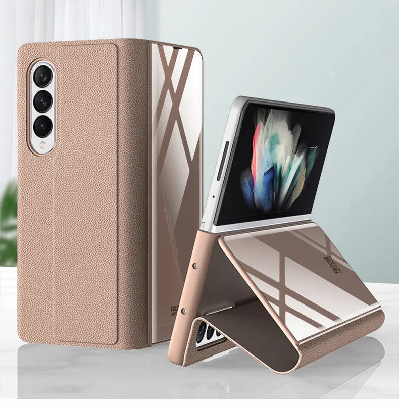 Leather Tempered Glass Case For Samsung Galaxy Z Fold 3 5G Cover Luxury Holster Anti-knock Hard For Samsung Z Fold3 5G Case