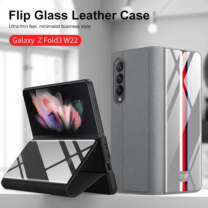 Leather Tempered Glass Case For Samsung Galaxy Z Fold 3 5G Cover Luxury Holster Anti-knock Hard For Samsung Z Fold3 5G Case