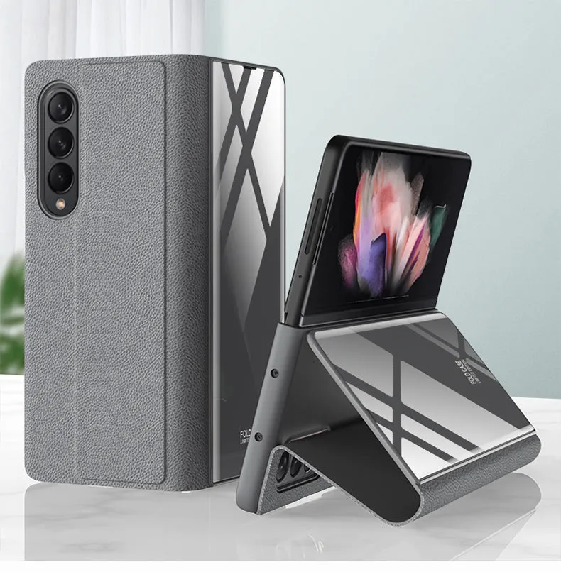 Leather Tempered Glass Case For Samsung Galaxy Z Fold 3 5G Cover Luxury Holster Anti-knock Hard For Samsung Z Fold3 5G Case