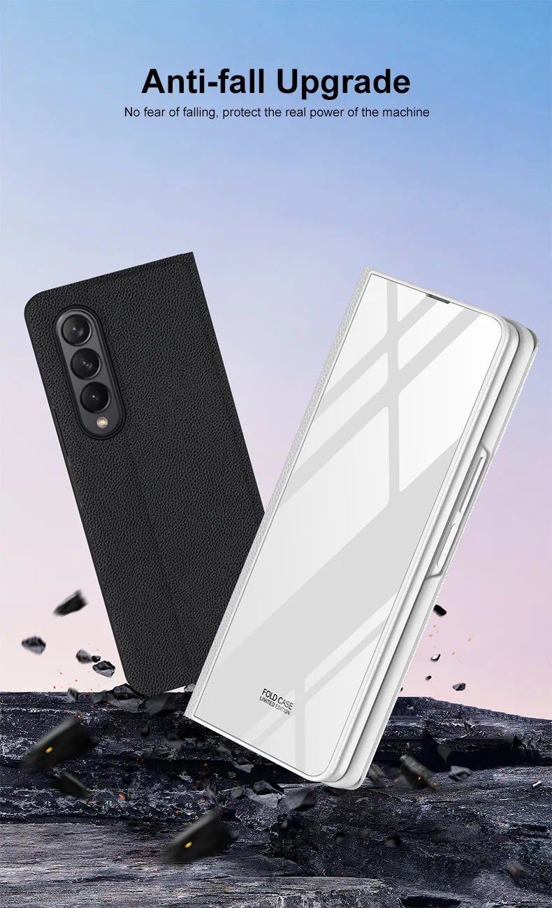 Leather Tempered Glass Case For Samsung Galaxy Z Fold 3 5G Cover Luxury Holster Anti-knock Hard For Samsung Z Fold3 5G Case