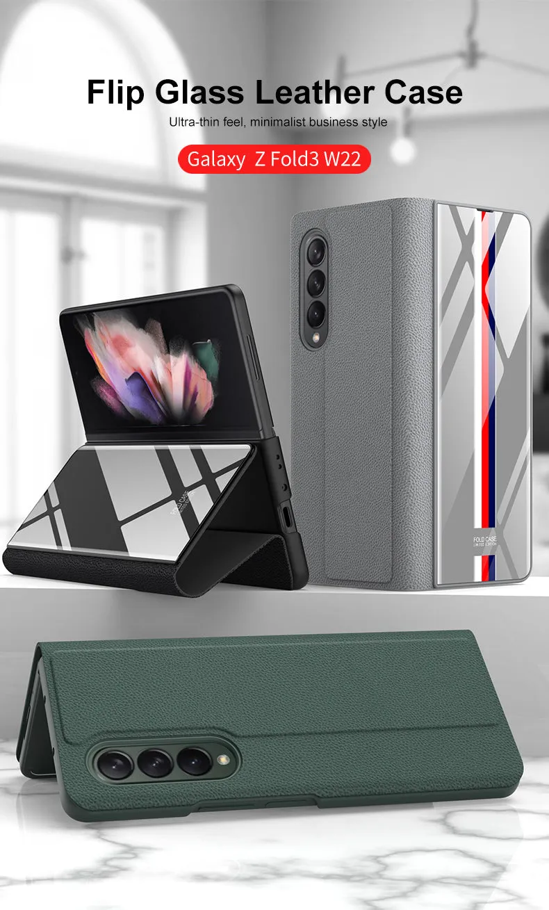 Leather Tempered Glass Case For Samsung Galaxy Z Fold 3 5G Cover Luxury Holster Anti-knock Hard For Samsung Z Fold3 5G Case
