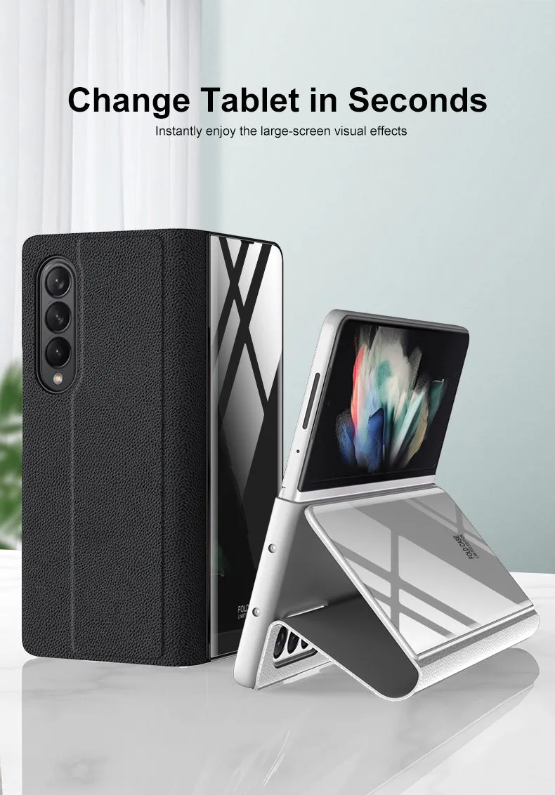 Leather Tempered Glass Case For Samsung Galaxy Z Fold 3 5G Cover Luxury Holster Anti-knock Hard For Samsung Z Fold3 5G Case