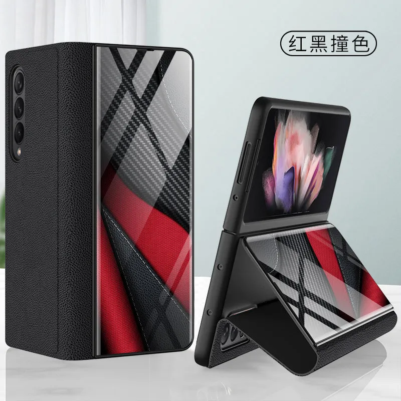 Leather Tempered Glass Case For Samsung Galaxy Z Fold 3 5G Cover Luxury Holster Anti-knock Hard For Samsung Z Fold3 5G Case