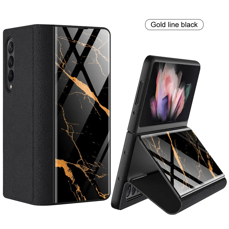 Leather Tempered Glass Case For Samsung Galaxy Z Fold 3 5G Cover Luxury Holster Anti-knock Hard For Samsung Z Fold3 5G Case