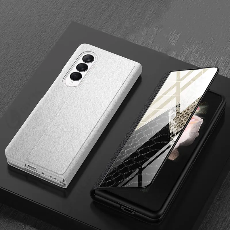 Leather Tempered Glass Case For Samsung Galaxy Z Fold 3 5G Cover Luxury Holster Anti-knock Hard For Samsung Z Fold3 5G Case