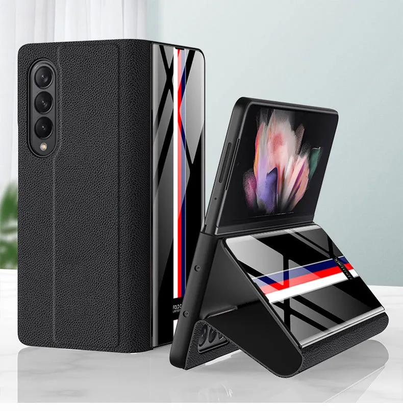 Leather Tempered Glass Case For Samsung Galaxy Z Fold 3 5G Cover Luxury Holster Anti-knock Hard For Samsung Z Fold3 5G Case