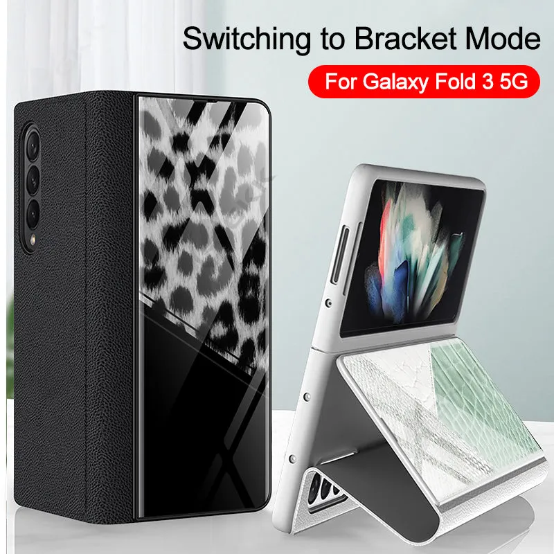 Leather Tempered Glass Case For Samsung Galaxy Z Fold 3 5G Cover Luxury Holster Anti-knock Hard For Samsung Z Fold3 5G Case