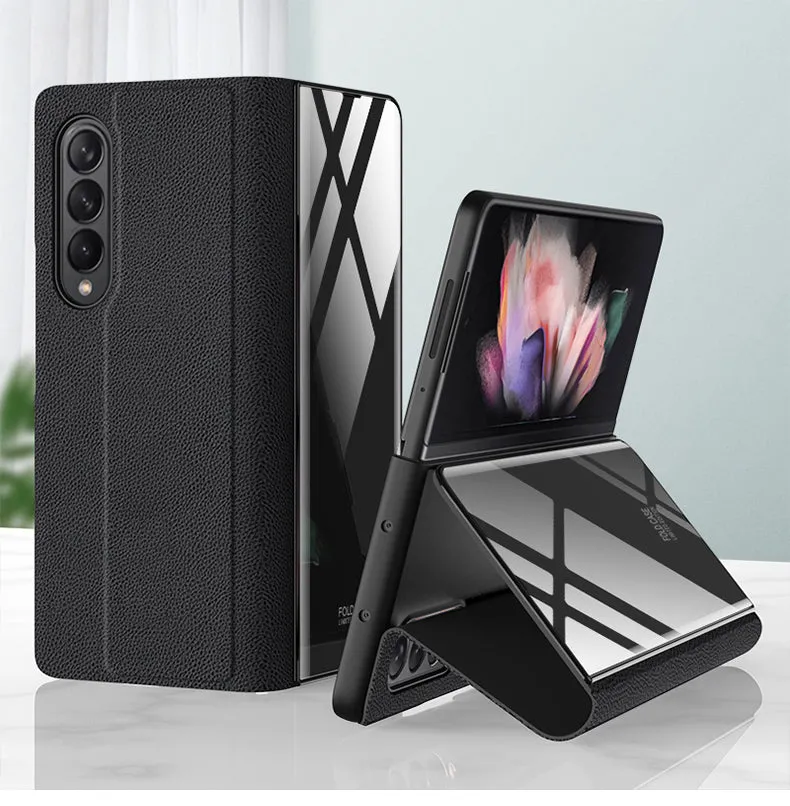 Leather Tempered Glass Case For Samsung Galaxy Z Fold 3 5G Cover Luxury Holster Anti-knock Hard For Samsung Z Fold3 5G Case