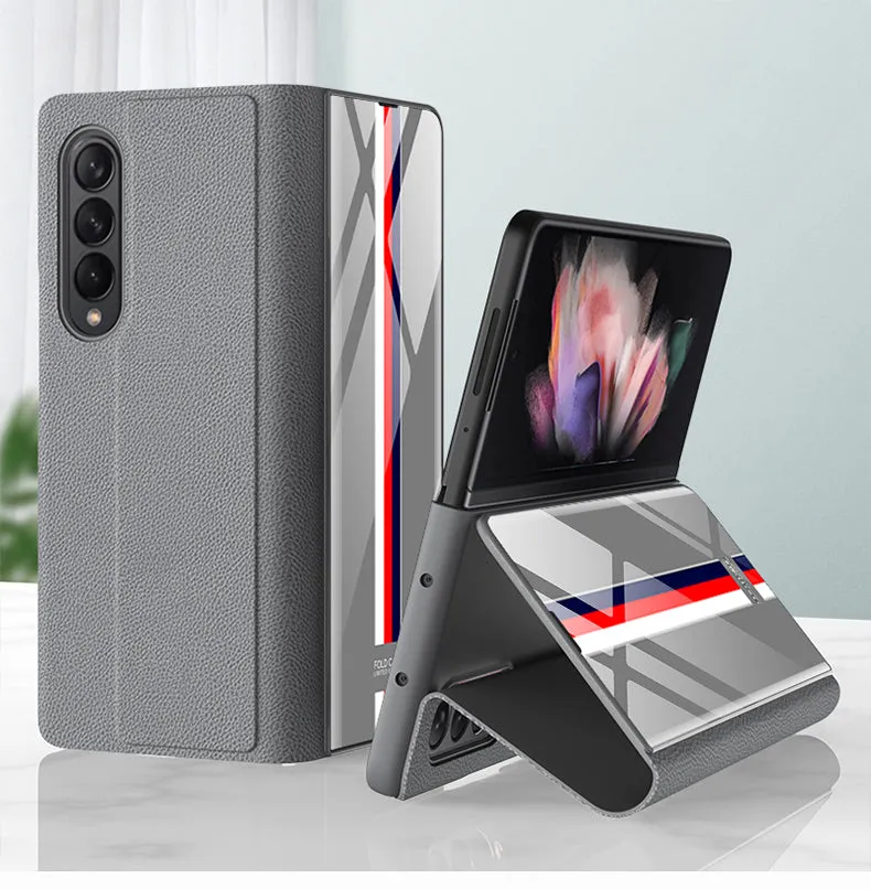 Leather Tempered Glass Case For Samsung Galaxy Z Fold 3 5G Cover Luxury Holster Anti-knock Hard For Samsung Z Fold3 5G Case