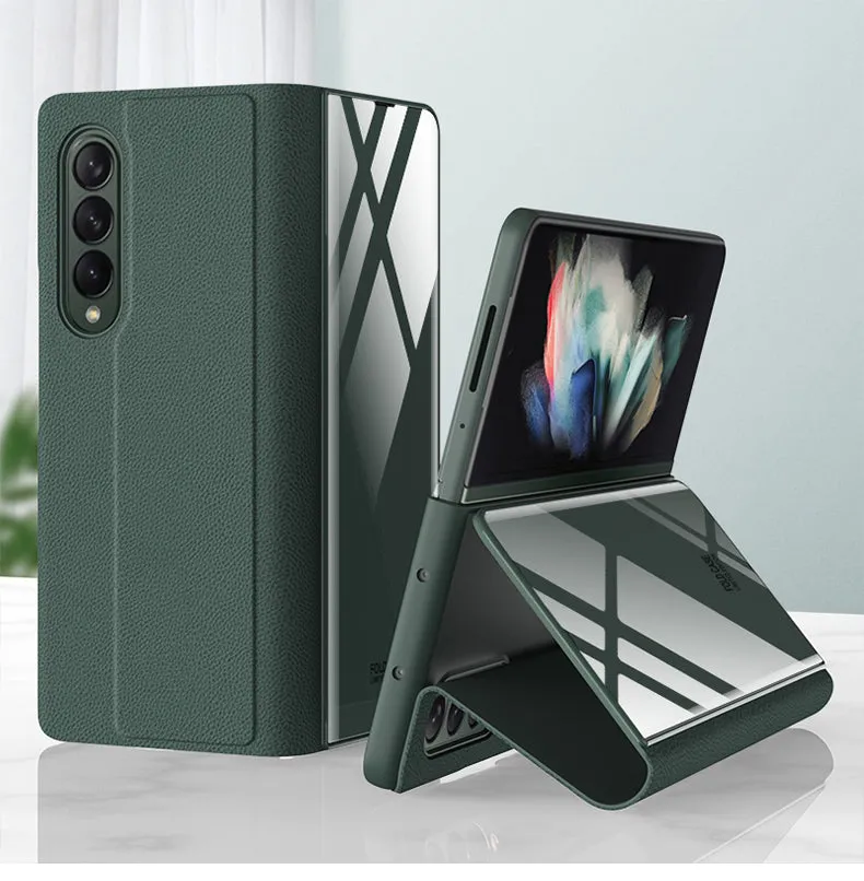 Leather Tempered Glass Case For Samsung Galaxy Z Fold 3 5G Cover Luxury Holster Anti-knock Hard For Samsung Z Fold3 5G Case