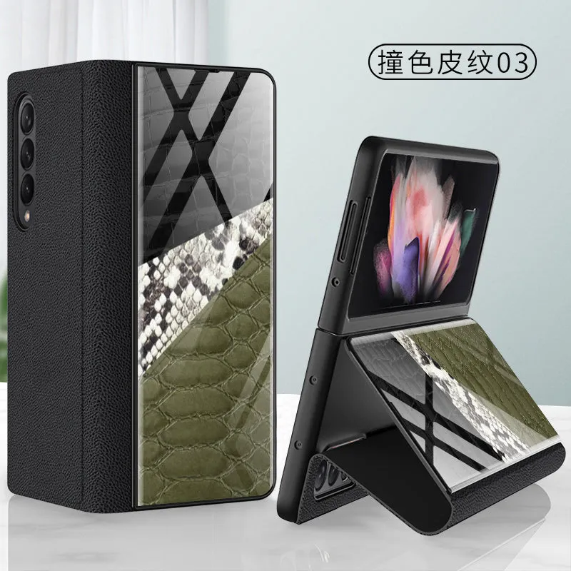 Leather Tempered Glass Case For Samsung Galaxy Z Fold 3 5G Cover Luxury Holster Anti-knock Hard For Samsung Z Fold3 5G Case