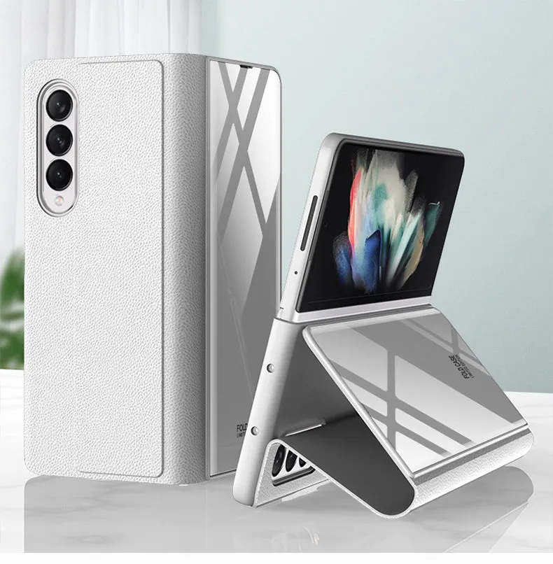 Leather Tempered Glass Case For Samsung Galaxy Z Fold 3 5G Cover Luxury Holster Anti-knock Hard For Samsung Z Fold3 5G Case