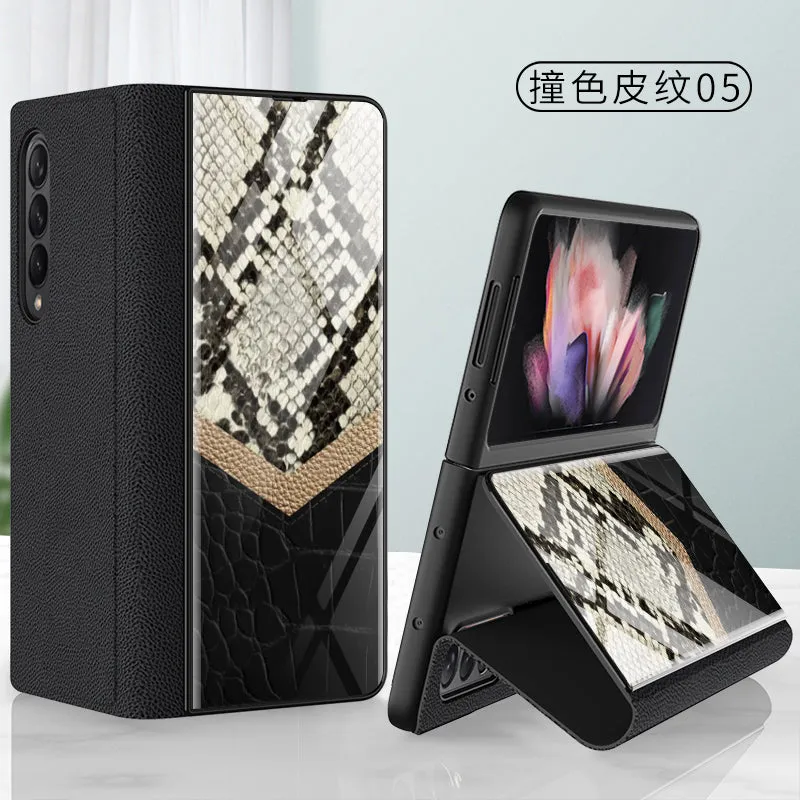 Leather Tempered Glass Case For Samsung Galaxy Z Fold 3 5G Cover Luxury Holster Anti-knock Hard For Samsung Z Fold3 5G Case
