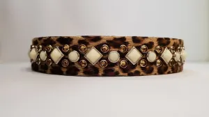 Leopard Aud S 1" Collar - Leopard Leather / White Stones & Brown Crystals