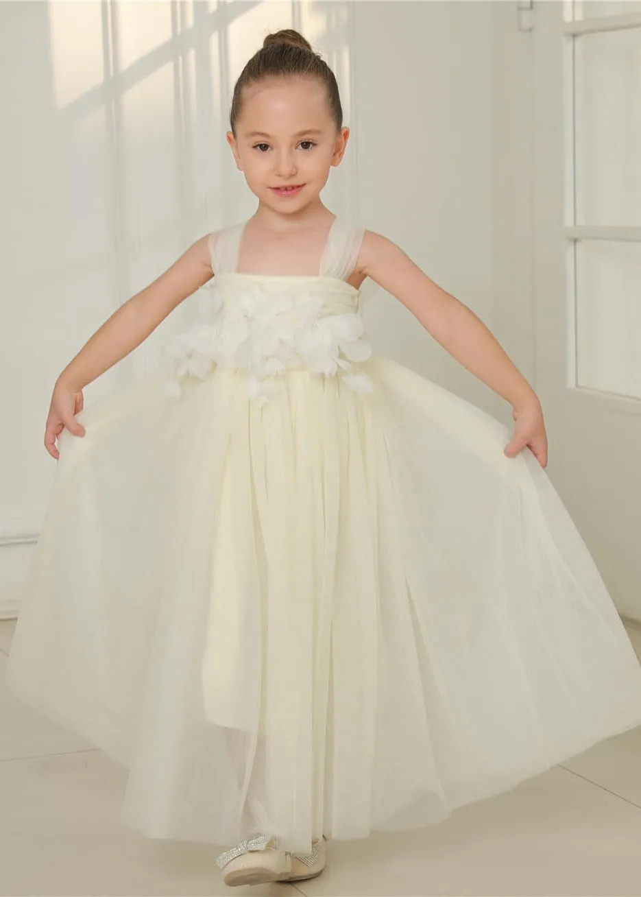 Lily Adjustable Strap Girl Dress in Ivory Maxi 3D Flower Petal