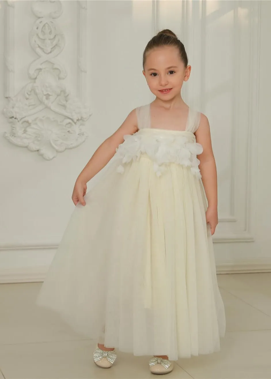 Lily Adjustable Strap Girl Dress in Ivory Maxi 3D Flower Petal